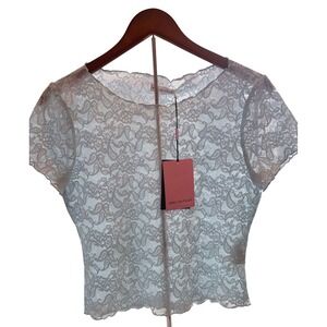 Avec Les Filles Lace Cropped Short Sleeve Top Sheer Romantic Style Size M